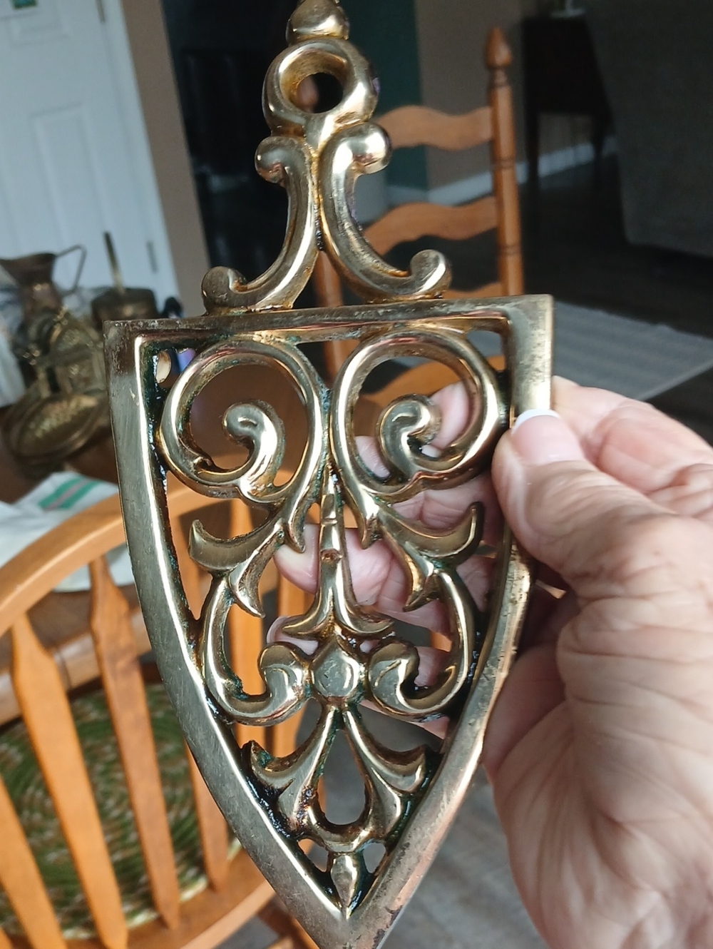 Ornate Signed Decorative Brass Trivet - Scrollwork Shield Design